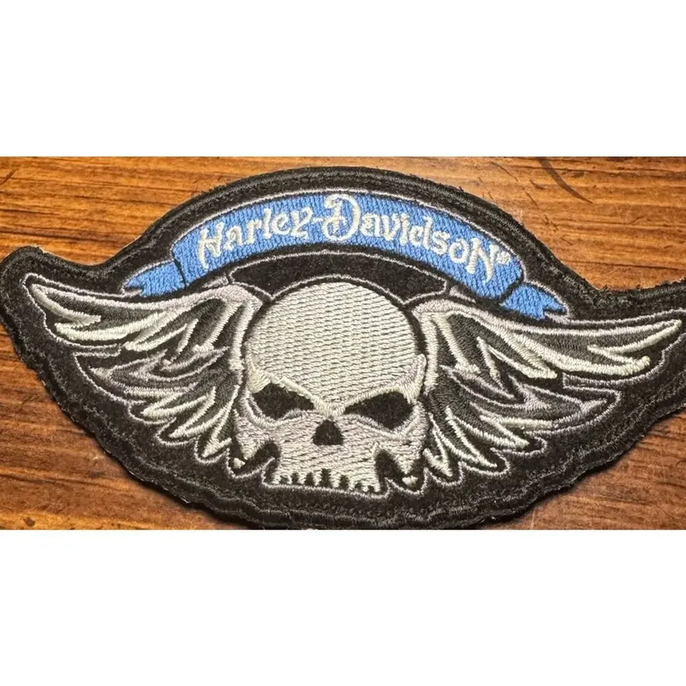 Harley-Davidson Skull Wings Embroidered Patch Blue Black 5x2.5 Biker Vest